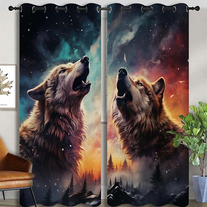 Fantasy Wolf Blackout Curtains for Boys Girl Bedroom Decor,Colorful Galaxy Misty Forest Wildlife Thermal Insulated Grommet Drapes Darkening Window Curtain for Living Room Home 84x63 inch