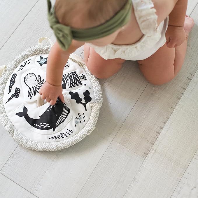 Wee Gallery Ocean Activity Pad Organic Baby Play Mat with Sensory Toys, High Contrast Newborn Essentials Soft Tummy Time Mat for Babies 0-12 Months, Visual and Motor Skill Development Toy