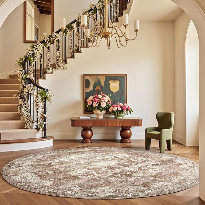 jinchan Round Rug 8ft Area Rug - Brown Vintage Floor Mat Kitchen Indoor - Washable Circle 8' Thin Floral Print Carpet Retro Farmhouse Non Slip Dining Room Living Room Bedroom Office
