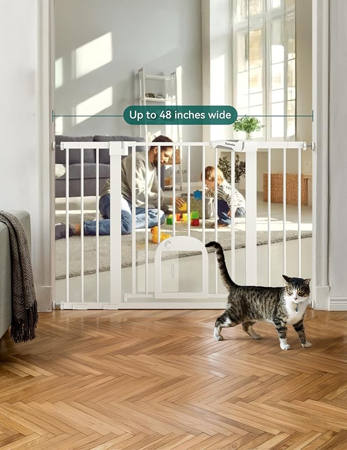 Babelio 29-48" Extra Wide Baby Gate with Adjustable Cat Door,Easy Install Pressure/Hardware Mounted,Auto Close Pet door for Stairs,House,Doorways,Effortless Walk Thru,White