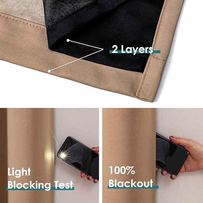 ChrisDowa 100% Blackout Curtains 72 inch Long for Bedroom with Black Liner, 2 Thick Layers Total Blackout Thermal Insulated Grommet Window Curtains 2 Panels Set (Cappuccino, 42 x 72 Inch)
