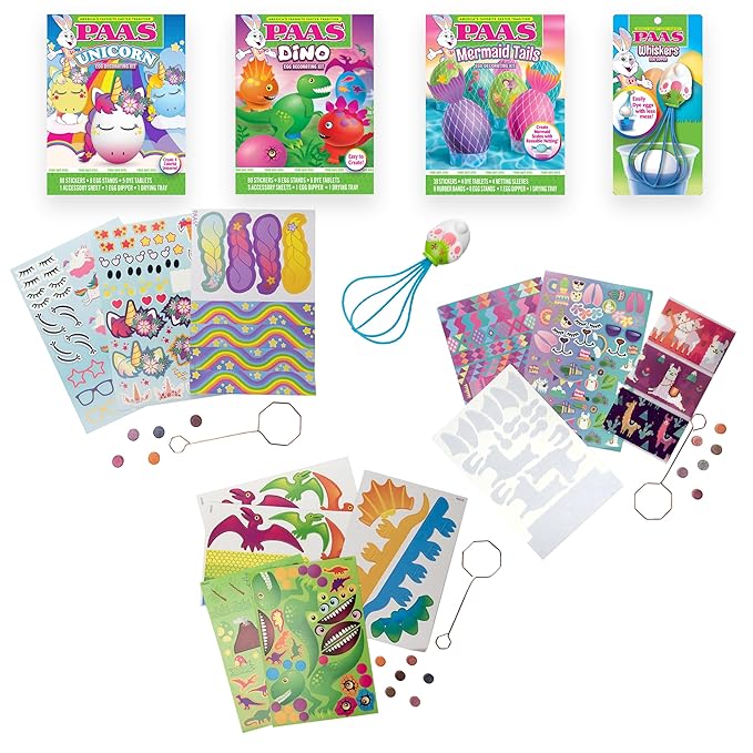 PAAS Easter Egg Decorating Kit, Includes 1 Unicorn Egg Dying Kit, 1 Loveable Llamas Egg Dying Kit, 1 Dino Decorating Kit Whiskers for Easy Egg Dying, Food Safe Dye (4 Piece)