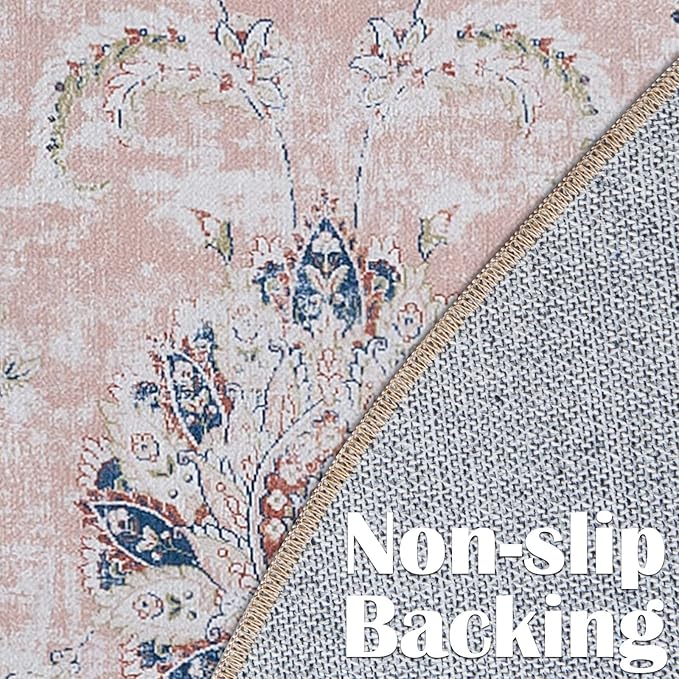 jinchan Round Rug 4ft Area Rugs Vintage Floral Distressed Design - Machine Washable Non-Slip Low-Pile Ultra-Thin Circle Rug for Entryway Bedside Living Room Dining Room Bedroom (4' Round,Pink)