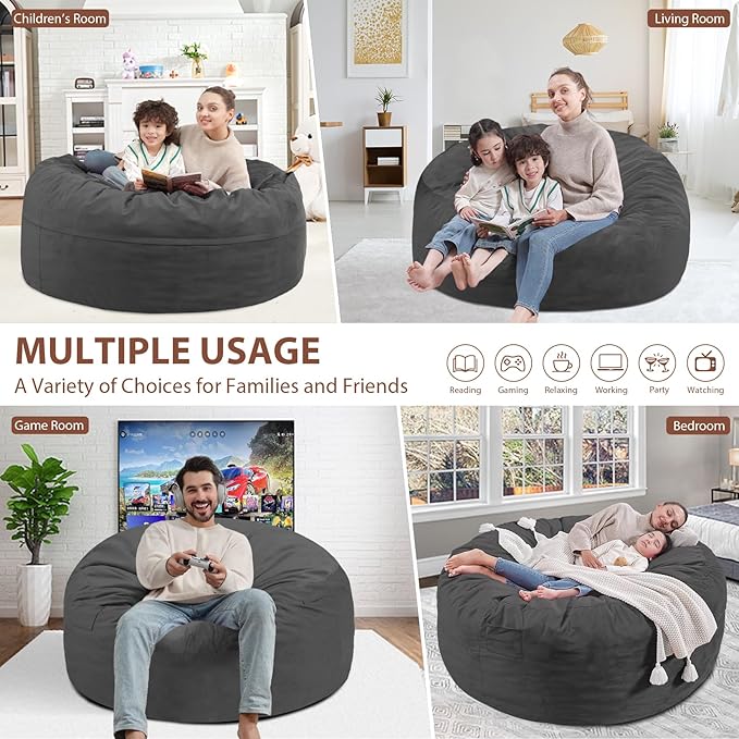 3FT Bean Bag Chair, Comfy Bean Bag Chairs with Memory Foam Filled, Fluffy Beanbag Sofa with Dutch Velvet Cover, Round BeanBag Chairs for Living Room, Playroom- Grey