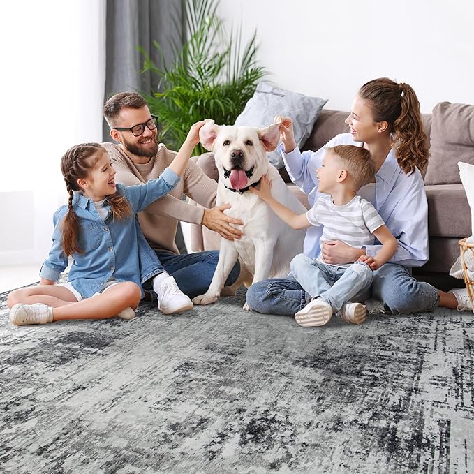 Runner Rug for Hallways Kitchen 2'6"x8' Washable, Non Slip Carpet 8ft Area Rugs Entryway Rubber Backed 8 Feet Neutral Abstract Modern Low Pile Indoor Black Grey