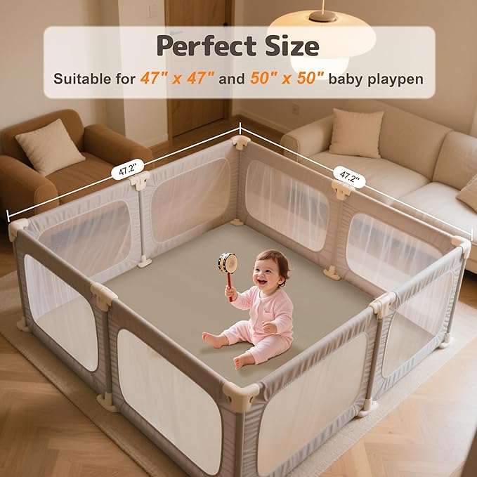 Baby Play Mat 47x47 Inches, Extra Thick 1.2" Foam Floor Mat for Tummy Time & Crawling, Waterproof Non-Slip Faux Leather Playpen Mat for Infants Toddlers, Indoor Outdoor Gym Activity, Brown