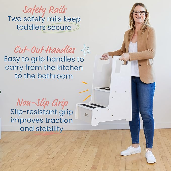 ECR4Kids Reach-Up Step Stool with Handles, Kids Furniture, White Wash