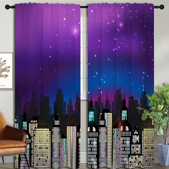 Superhero Rod Pocket Blackout Curtains for Boy Girl Bedroom, Super City Skyline Buildings Night Panorama Home Energy Efficient Light Filtering Window Curtain for Living Room, 84x63 inch