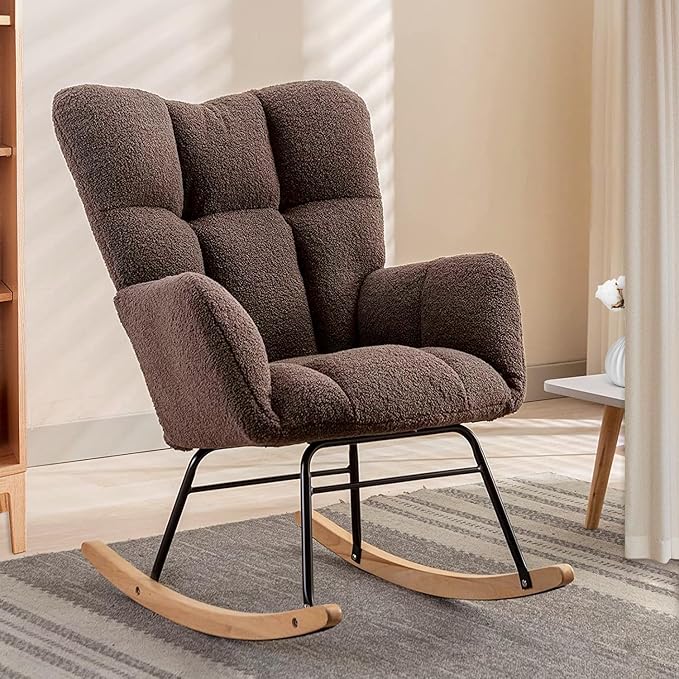 Nursery Rocking Chair, Teddy Upholstered Glider Rocker with High Backrest Armchair, Modern Rocking Accent Chairs for Nursery, Living Room, Bedroom, Offices (Brown)
