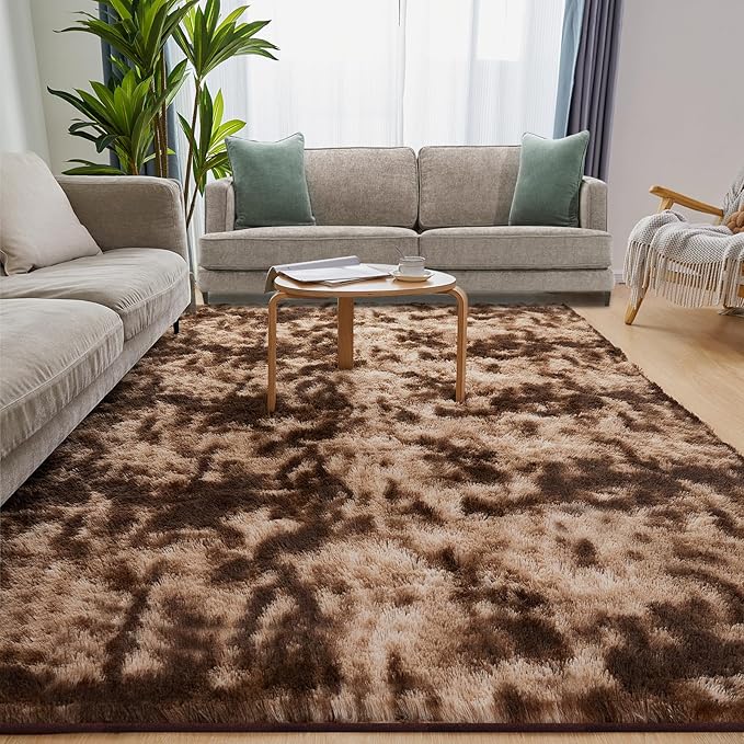 Fluffy Shag Area Rug, 4x5.8 Tie-Dyed Brown Rugs for Bedroom, Soft Plush Area Rugs for Living Room, Non-Slip Indoor Carpet for Nursery, Study Room, Dressing Room, Home Decor