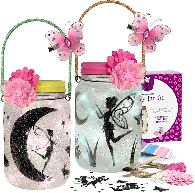 Pinwheel Crafts Fairy Lantern Toy for Kids Age 6-8 8-12+ Years - Make Your Own Night Light - Fairy Jar Gift for Girls with Led Light - Arts & Crafts Set, Pack of 2