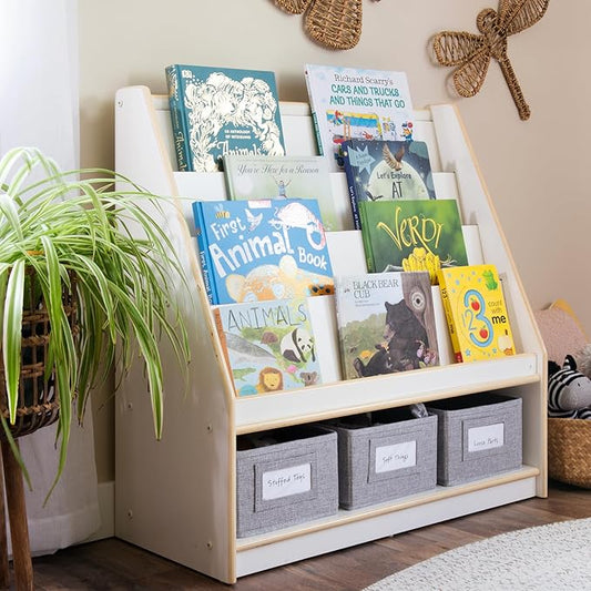 Guidecraft EdQ Book and Bin Display White with 3 Storage Bins: Wooden Kids Bookcase and Toy Storage Organizer; Homeschool and Classroom Bookshelf Furniture