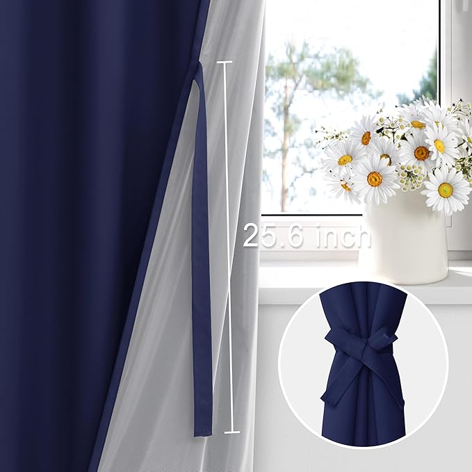 XWZO 100% Blackout Curtain Panels - Thermal Insulated Black Liner, Noise Reducing and Heat Blocking Rod Pocket Drapes for Hall and Studio Windows with Tiebacks, Navy Blue, W52 x L54, Set of 2