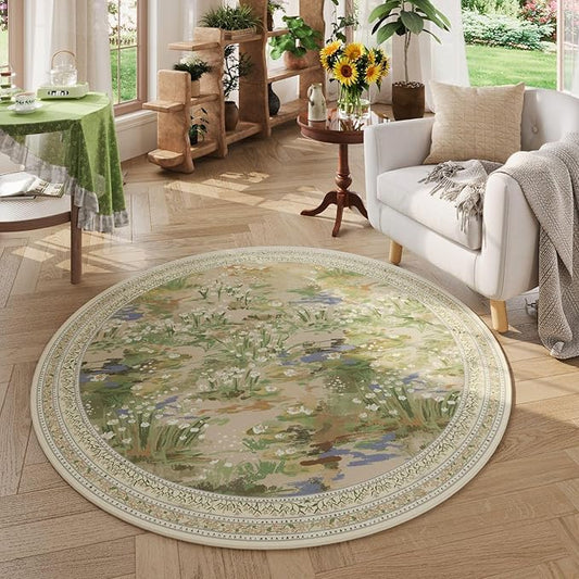 Circle Rug Impressionist-Style Vintage Round Rug 4ft Non Slip Low Pile Small Circular Rug for Bedroom Bathroom Entryway Kids Room Office College Dorm, Beige