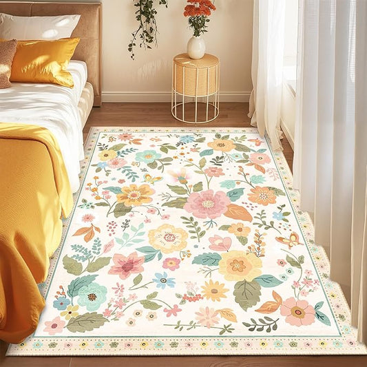 Floral 4x6 Area Rug Machine Washable Soft Print Boho Carpet Non Slip Doormat Low Pile Flower Area Rugs for Living Room Bedroom Nursery Kitchen Dining Room Indoor-Beige/White/Orange