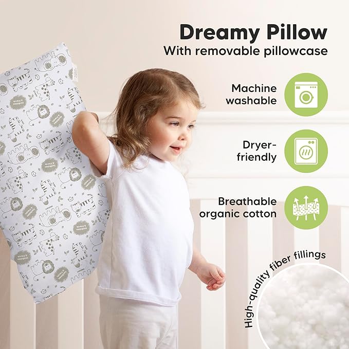KeaBabies Toddler Pillow with Pillowcase, Jumbo 14X20 - Soft Organic Cotton Toddler Pillows for Sleeping - Machine Washable - Perfect for Travel, Toddler Bed Set (KeaSafari)