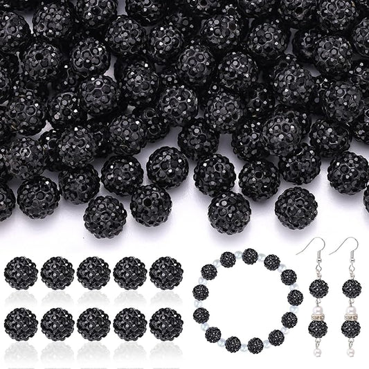 160pcs 10mm Rhinestone Beads for Jewelry Making, Black Shiny Round Disco Ball Beads Bulk, Sparkle Crystal Clay Christmas for Bracelet Baseball Necklace Earring Crafting and DIY