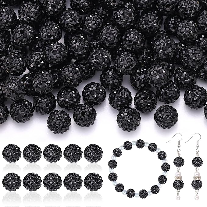 200pcs 10mm Rhinestone Beads for Jewelry Making, Black Shiny Round Disco Ball Beads Bulk, Sparkle Crystal Clay Christmas for Bracelet Baseball Necklace Earring Crafting and DIY