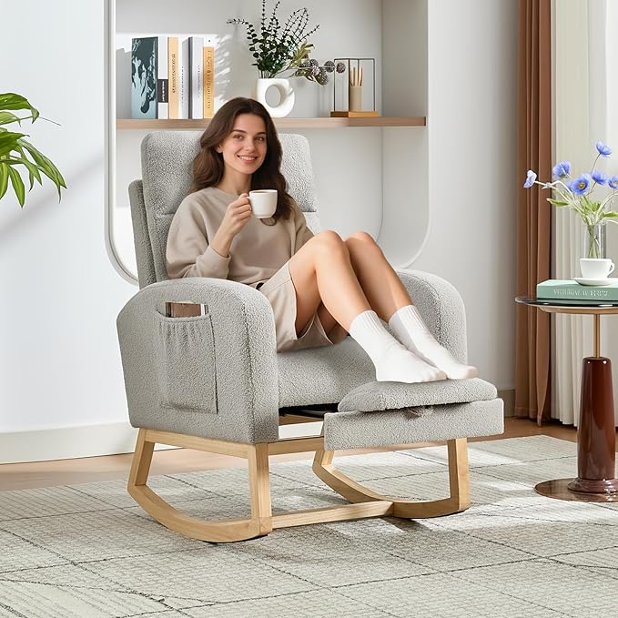 Rocking Chair Nursery, Nursing Rocking Chairs with Foot Rest for Mom Nursery, Rocker Glider Chair with High Backrest for Living Room, Bedroom, Upholstered Lounge Chair with Solid Wood Base for Relaxin