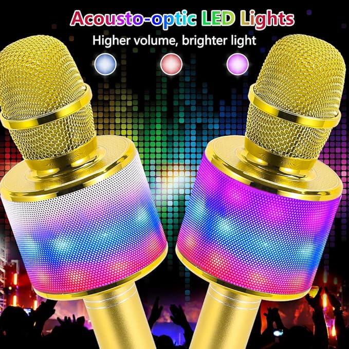 Amazmic Kids Karaoke Microphone Machine Toy Bluetooth Microphone Portable Wireless Karaoke Machine Handheld with LED Lights, Gift for Children Adults Birthday Party, Home KTV(Gold)