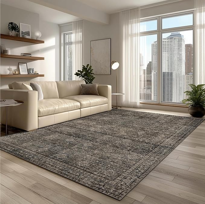 Washable Area Rugs 8x10, Large Rugs for Living Room, Carpet for Bedroom, Soft Faux Wool Retro Dining Room Rug, Non-Slip Backing Resistant Low Pile Vintage Print Rug for Home Office (Brown)