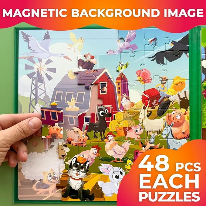 QUOKKA Magnetic Puzzles for Kids Ages 3-5 - 2x48 Travel Puzzles Games for Toddlers 3-4 Years Old - Activities Car Toy for Boys and Girls 4-6 yo - Farm & Forest Animals Learning Magnet for Road Trip