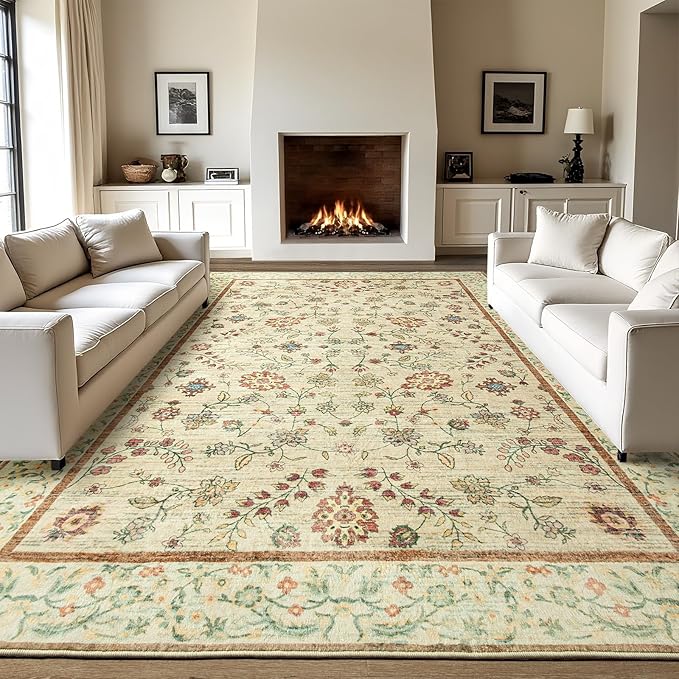 LOCHAS Washable Area Rugs 5x7, Beige Floral Rug for Living Room Bedroom Non Slip, Ultra Soft Vintage Indoor Carpet for Kids, Nursery, Dorm, Dining Room, Classroom, Boho Flower Home Decor, Low-Pile