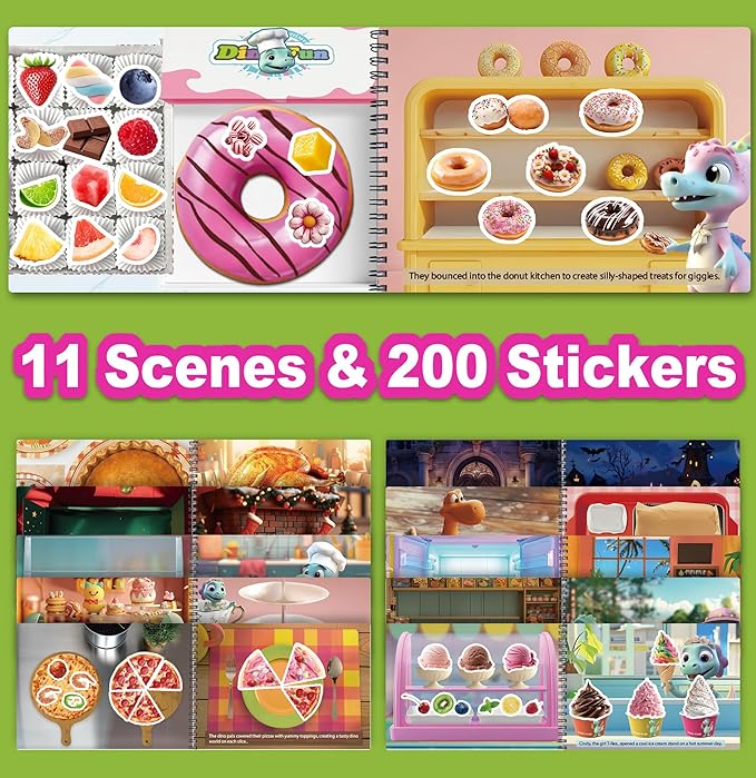 Dino Fun Cooking Food Reusable Sticker Book for Kids,11 Scenes + Over 200 Food Stickers,Treats Sticker Book for Toddlers 3-6 Years,Removable Decoration Snack Stickers,Make A Face Cupcake Sticker