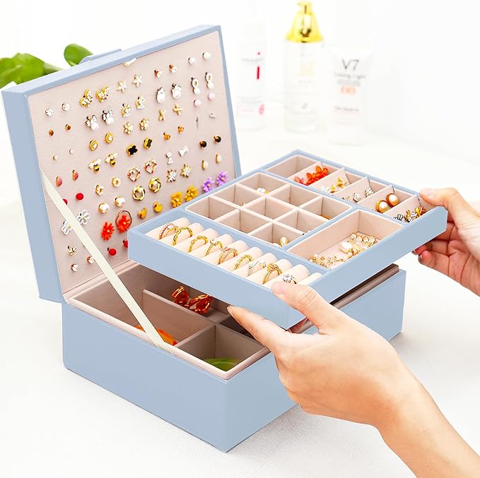 Girls Jewelry Box Earring Holder Organizer for Girls Jewelry Organizer Box Stud Earrings Organizer for Girls Womens Blue Jewelry Box for Earrings and Necklaces Rings Stud Earrings Box for Teen