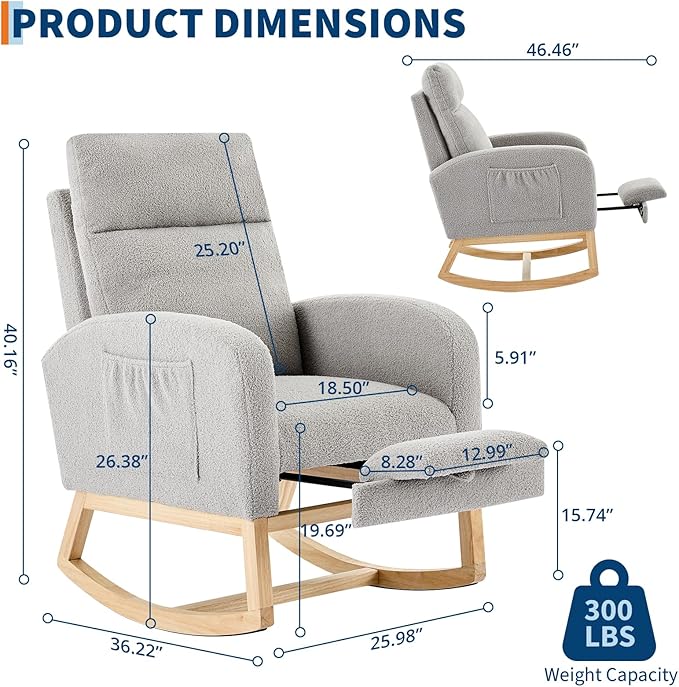 Rocking Chair Nursery, Nursing Rocking Chairs with Foot Rest for Mom Nursery, Rocker Glider Chair with High Backrest for Living Room, Bedroom, Upholstered Lounge Chair with Solid Wood Base for Relaxin