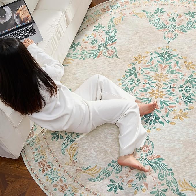 jinchan Round Rug 4ft Area Rugs Vintage Floral Distressed Design,Machine Washable Soft Non-Slip Low-Pile Ultra-Thin Circle Rug for Entryway Bedside Living Room Kitchen Nursery (4' Round,Apricot Multi)