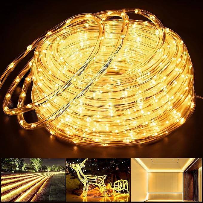 Connectable Outdoor Rope Lights, 50ft 600 LED Warm White Strip Light Plug in for Indoor with Waterproof 8 Modes, Outdoor String Lights for Camping, Garden, Backyard, Patio, Deck, Pool, Tree Décor