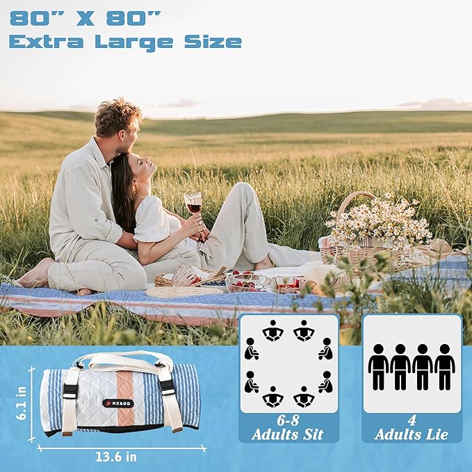 Waterproof Picnic Mat, Outdoor Camping Oversized Field Blanket. Portable Thickened Camping Blanket, Suitable for Beach, Camping, Music Festival, Party, Outdoor Adventure. (Yellow&Blue&White, 80”x80”)