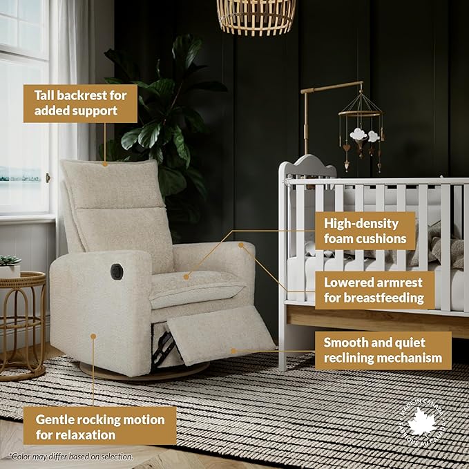 Arya Modern Nursery Glider Recliner Chair – Cozy Nursing Chair with 360° Swivel for New Parents, Gentle Motion, Compact Design, High Back & Low Armrests, Canadian Made (Heather Grey/ARLO Fabric)