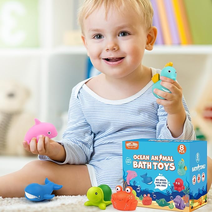 LotFancy Bath Toy, 8PCS Mold Free Bath Toys for Kids Ages 1-3, No Holes Baby Bath Toys for Toddlers 2-4, Ocean Sea Animal Bathtub Toys, Soft Floating Pool Water Table Toys