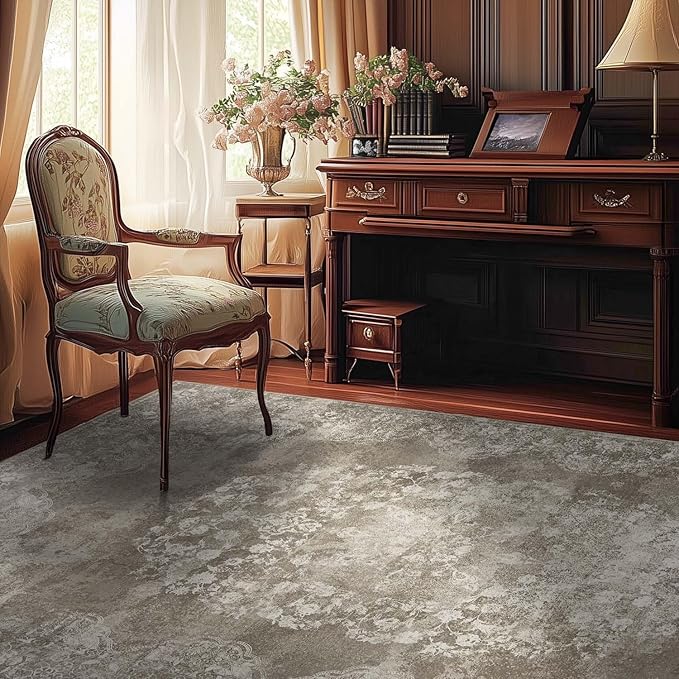 jinchan Washable Area Rug 8x10 for Living Room - Soft Faux Wool Ultra-Thin Stain Resistant Non-Slip Distressed Vintage Floral Large Carpet for Bedroom,Dining Room,Home Office,Nursery(Brown, 8'x10')