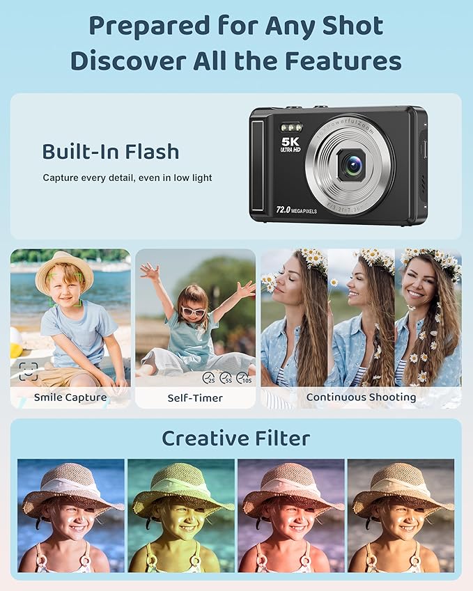 5K Digital Camera - 72MP UHD Digital Cameras for Photography - Autofocus Point and Shoot Small Camera with Flash for Kids - 2.8 Inch Screen Compact Portable Vlogging Camara with 16X Zoom, 32GB SD Card