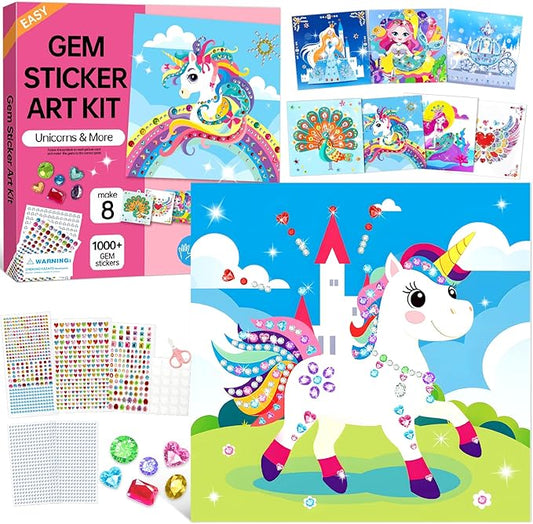 Gem Art Sticker Kit, Arts and Crafts for Kids Age 4-12, 8 Unicorn Princess Themes Diamond Art Kit, Gemstone Sticker Crafts Christmas Birthday Gifts for Girls Ages 4,5,6,7,8 Year Old (Pink-Unicorn)