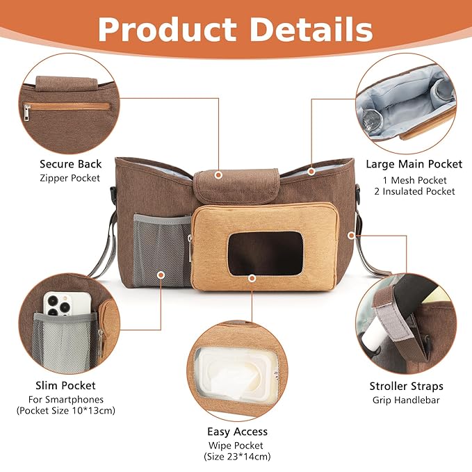Accmor Universal Stroller Organizer with Insulated Cup Holder, Stroller Caddy Bag Accessories, Stroller Cup Holder Organizer for Uppababy Baby Jogger Britax Stroller, Brown