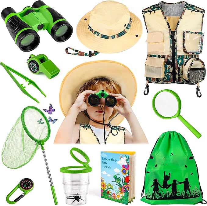 INNOCHEER Kids Explorer Kit & Bug Catcher Kit & Safari Costume Kit, Outdoor Exploration Set with Hat, Vest, Butterfly Net and Bugs Book for Boys Girls 3-12 Years Old (Camouflage Green)
