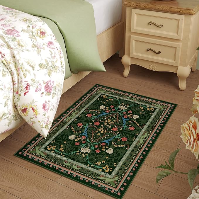 Door Mat Indoor Entrance 2x3 Rug Machine Washable Vintage Floral Botanical Small Area Rug Non-Slip Low Pile Throw Rugs for Entryway, Kitchen, Front Door Entrance, Entry, Kids Room, Green