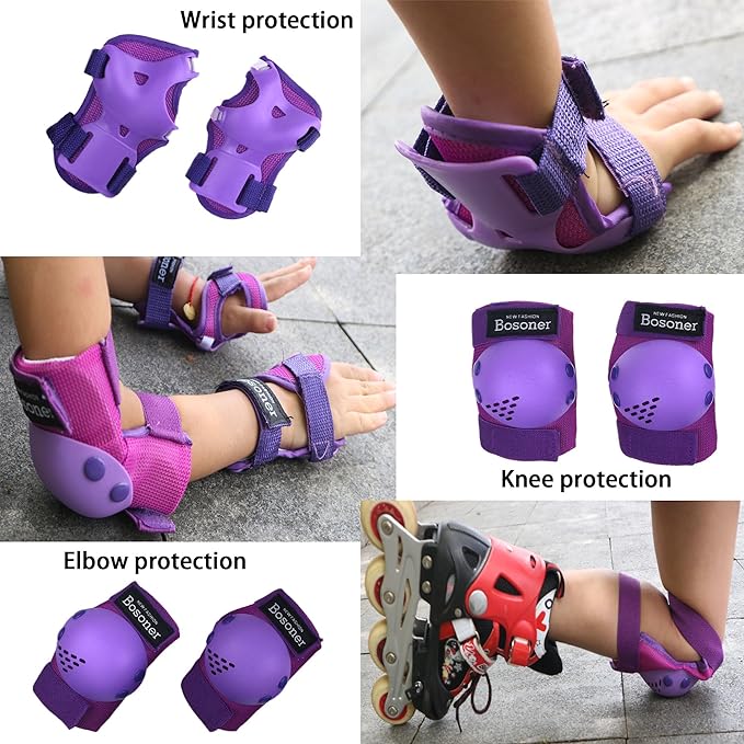 BOSONER Kids/Youth Knee Pads Elbow Pads Wrist Guards Set for 3-15 Years, Child Protective Gear Set for Roller Skates, Cycling, BMX Bike, Skateboard, Inline Skating, Scooter Riding Sports…