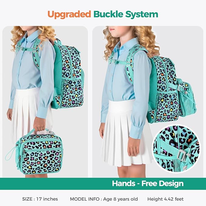 Choco Mocha Cheetah Backpack for Girls, Elementary School Backpack for Girls Ages 6-8 Kids Kindergarten Backpack Large Bookbag 18 Inch with Chest Strap, Green