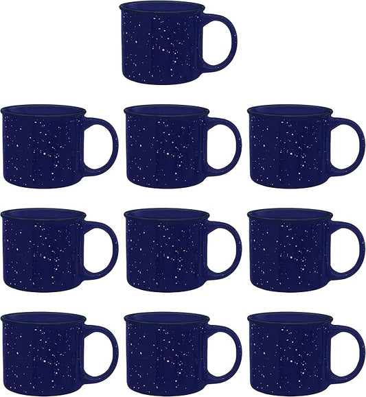 DISCOUNT PROMOS Ceramic Campfire Coffee Mugs 13 oz. Set of 10, Bulk Pack - Perfect for Tea, Espresso, Cappuccino, Hot Cocoa - Blue
