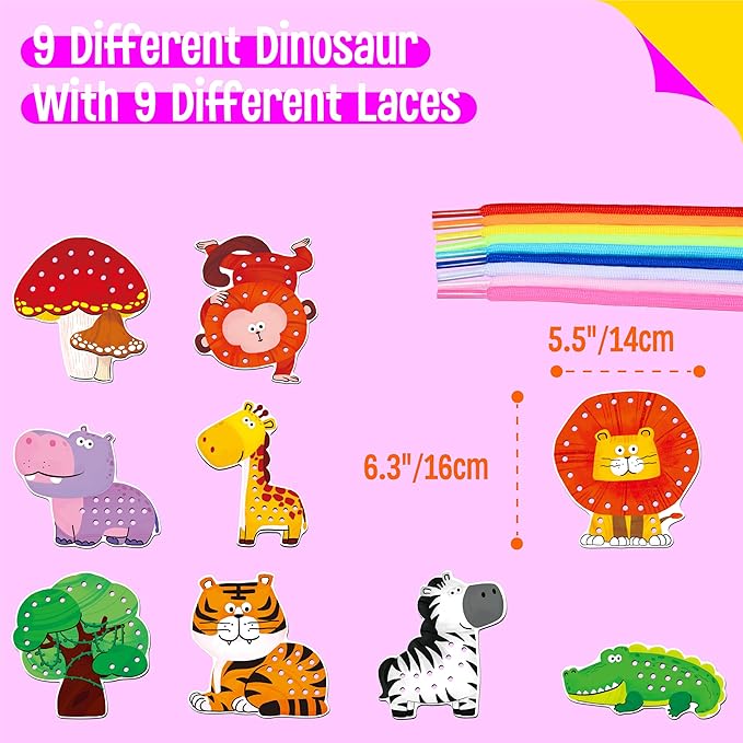 9 Pieces Lacing Cards, Double Sided Sewing Cards in 9 Jungle Animals with 9 Colorful Laces, Imagination Development Lacing Toys Games Educational and Learning Activity for Preschoolers, Kids