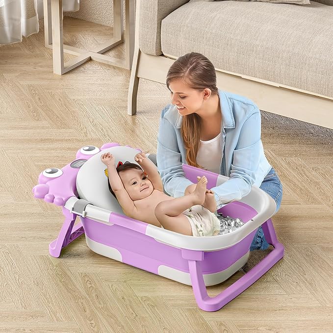 Collapsible Baby Bathtub for Infants to Toddler with Real-time Temp Monitor+Floating Cushion,Foldable Baby Bath Tub Set Applicable 0-36 Month,Portable Travel Bathtub for Newborns Girl (Purple)