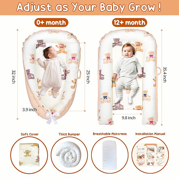 Baby Lounger - Baby Lounger for Newborn 0-24 Months, Breathable, Soft Cotton Baby Nest, Portable Infant Lounger for Home & Travel, Newborn Essentials Gift (Ivory Bear)