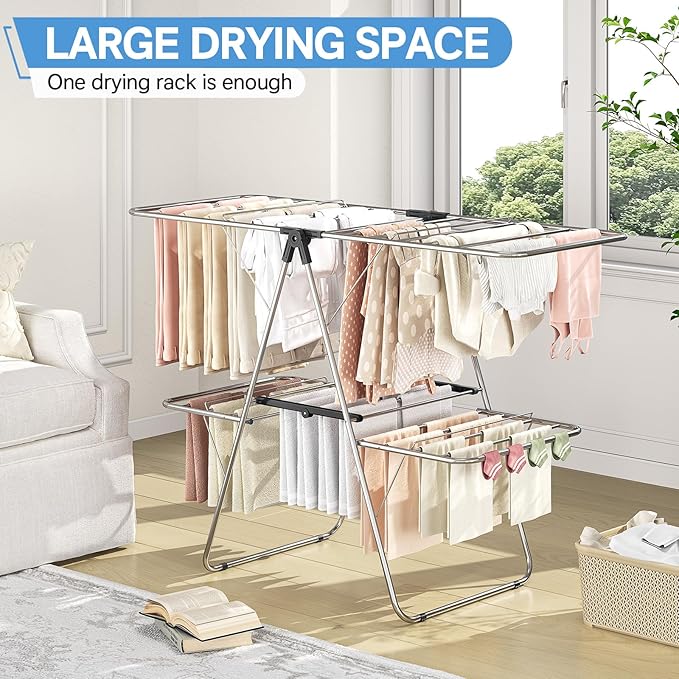 APEXCHASER Clothes Drying Rack with 4 Wings, Stainless Steel Drying Rack Clothing with Height-Adjustable, Foldable Gullwings Laundry Drying Rack, Indoor Outdoor Use, No Assembly, Black