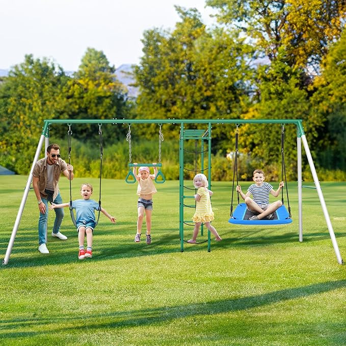Hapfan Swing Sets for Backyard with Monkey Bars, Belt Swing, Platform Swing, Climbing Net, Trapeze Bar, Outdoor Playset for Kids