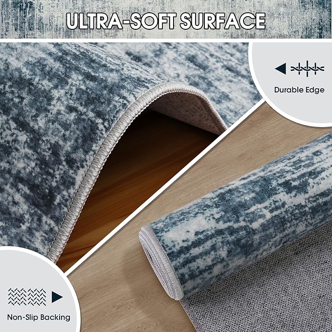 Area Rug 9x12 Washable Rugs: Abstract Large Living Room Rugs with Non-Slip Backing, Stain Resistant Indoor Floor Carpet for Bedroom Dining Room Table Nursery Hallway Home Office-Blue/Ivory